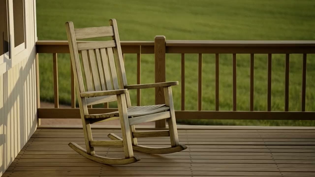 A wooden rocking chair on a porch looking over a green lawn.